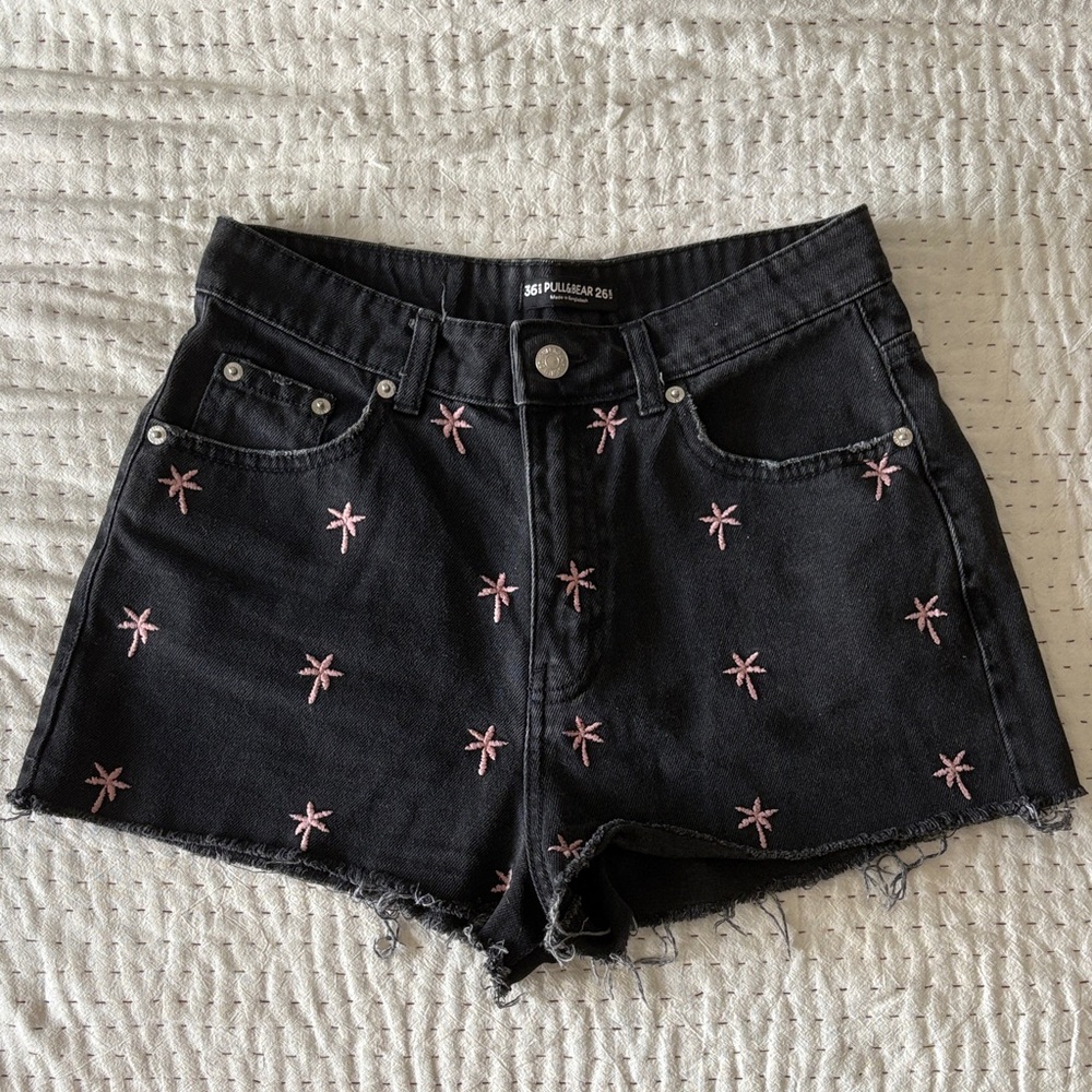 Pull&Bear Black Jean Shorts with Pink Embroidery